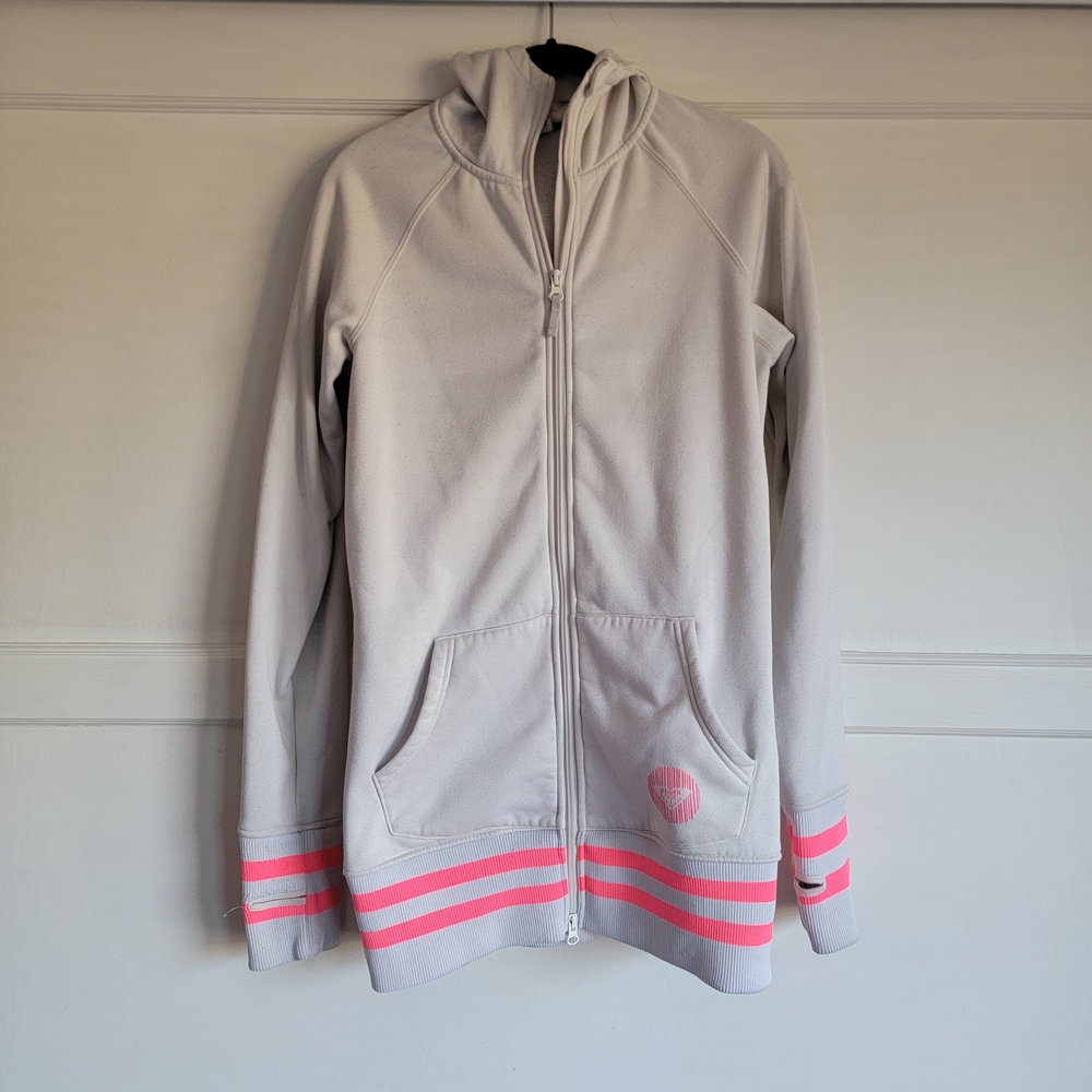 Roxy White Zip Hoodie with Neon Pink Trim